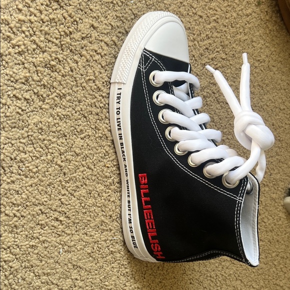 Converse Shoes - Converse Black and White High-Top Sneakers with Red Billie Eilish Branding